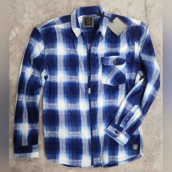 XL Plaid VTG 1946 Polar Fleece Zip Shirt Blue White NWT - Picture 2 of 10